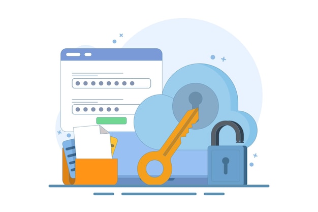 Vektorillustration über das Cloud-Sicherheitssystem-Konzept oder Daten, die auf einem sicheren Cloud-Server gespeichert sind