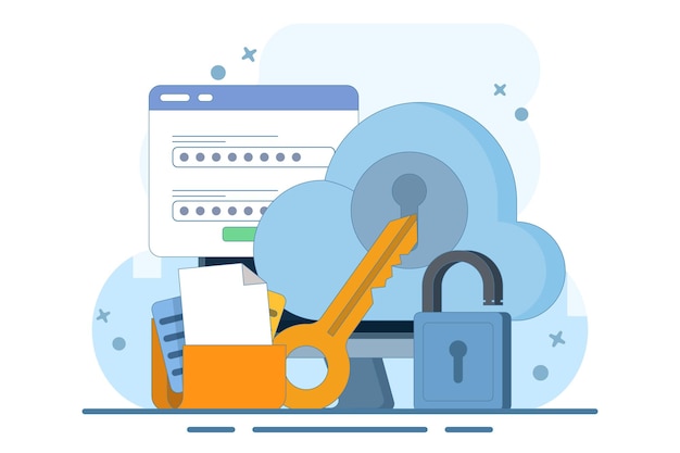 Vektorillustration über das Cloud-Sicherheitssystem-Konzept oder Daten, die auf einem sicheren Cloud-Server gespeichert sind