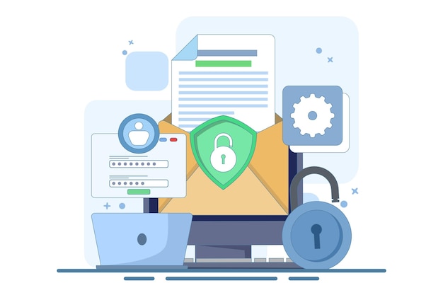 Vektorillustration über das Konzept der Online-Cyberdatensicherheit oder die Sicherheit von persönlichen Daten und E-Mails