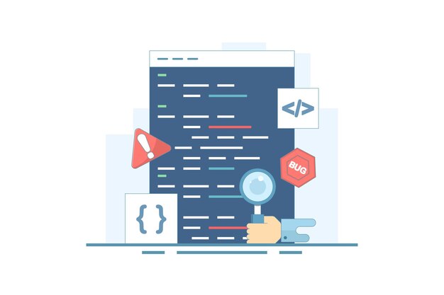 Vektorillustration über das Konzept des Fehlerberichts oder die Suche nach Fehlern in einem Softwareprogramm