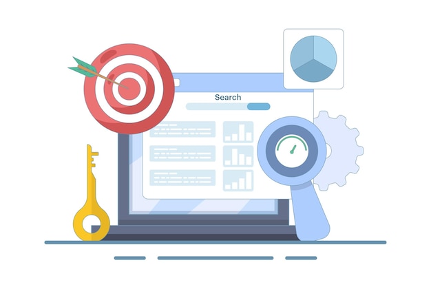 Vektorillustration über SEO-Werkzeuge Konzept- oder Schlüsselwortforschungswerkzeug oder SEO-Analyse von Wettbewerbern