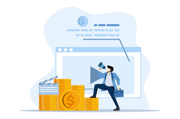 Vektorillustration Video-Monetisierungskonzept mit dem Mann, der online mit Videos Geld verdient