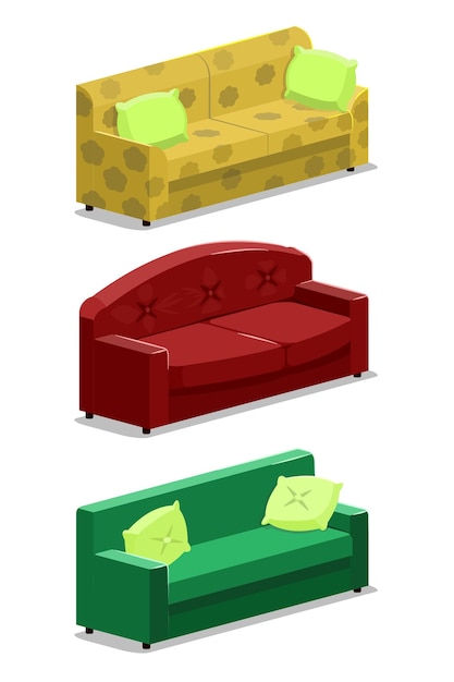 Vektor vektorillustration von 3 verschiedenen arten von sofas in verschiedenen formen und farben