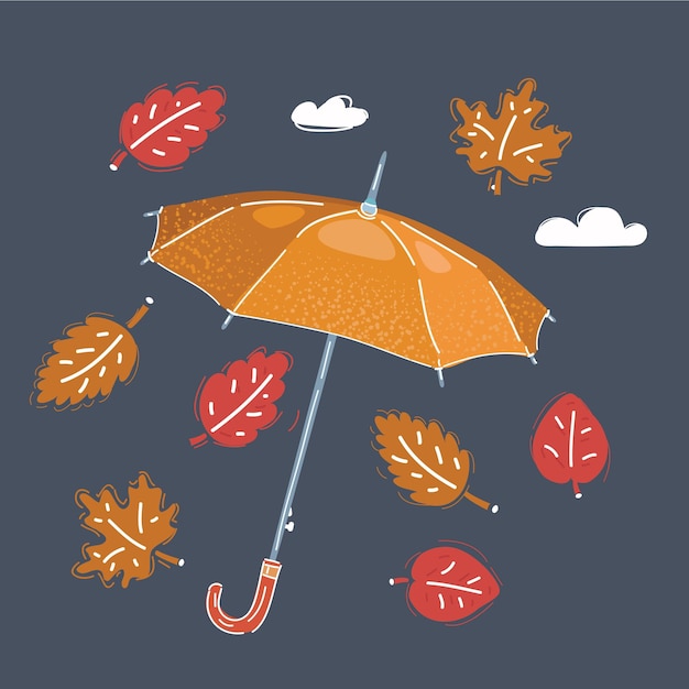 Vektorillustration von c geöffnetem Regenschirm mit fallenden Blättern auf dunklem Hintergrund