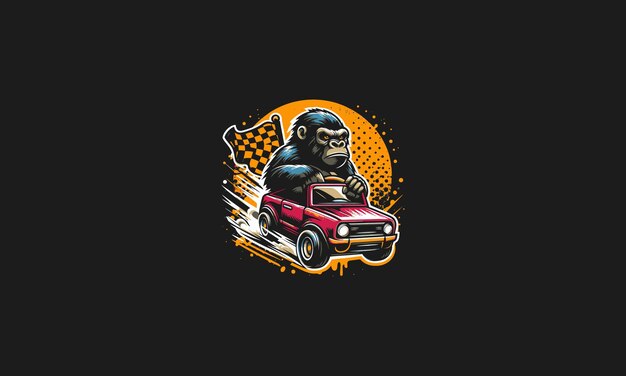 Vektor vektorillustration von einem gorilla, der auf einem auto fährt, flaches design