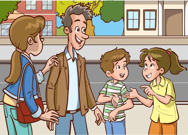 Vektorillustration von Eltern und Kindern, die miteinander sprechen