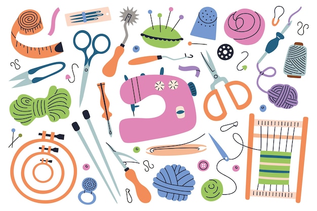 Vektorillustration von farbenfrohen Nähtegeräten, Nähset, Strick- und Stickwerkzeugen, Nähmaschine