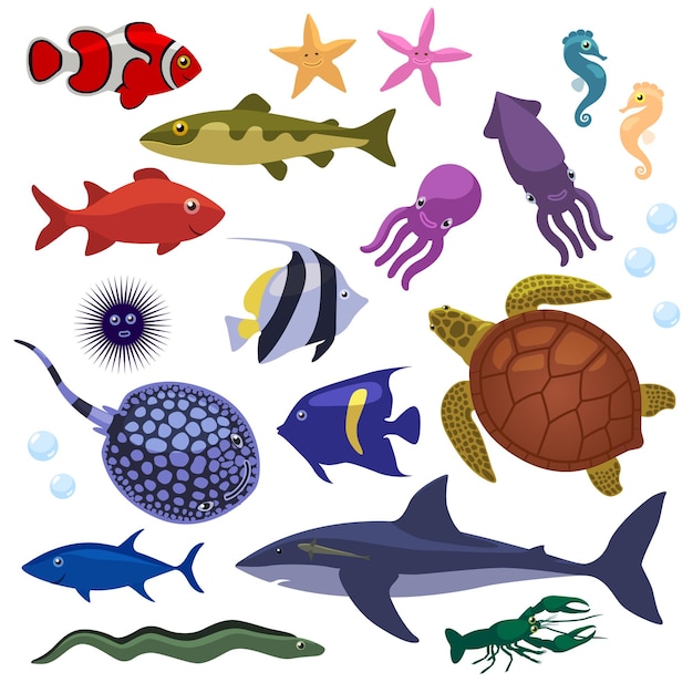 Vektorillustration von fischen, tintenfischen, seesternen, stachelrochen, muränen, hummer, meeresschildkröten