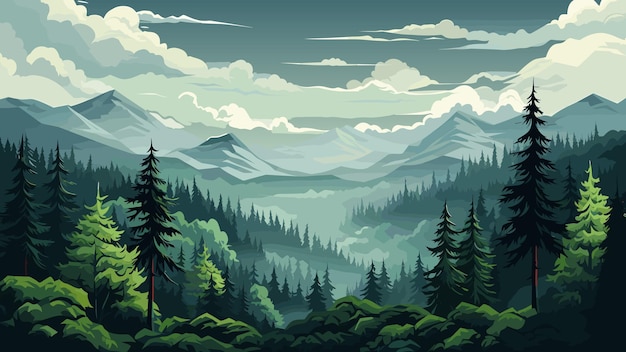 Vektorillustration von grünen waldwiesen mit berghintergrund