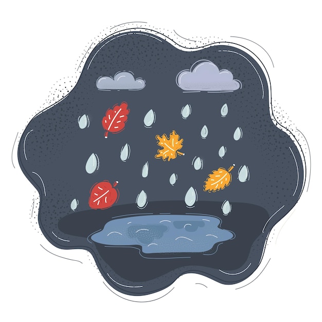 Vektor vektorillustration von herbstwetter auf dunklem hintergrund wolken, fallende blätter, paddel