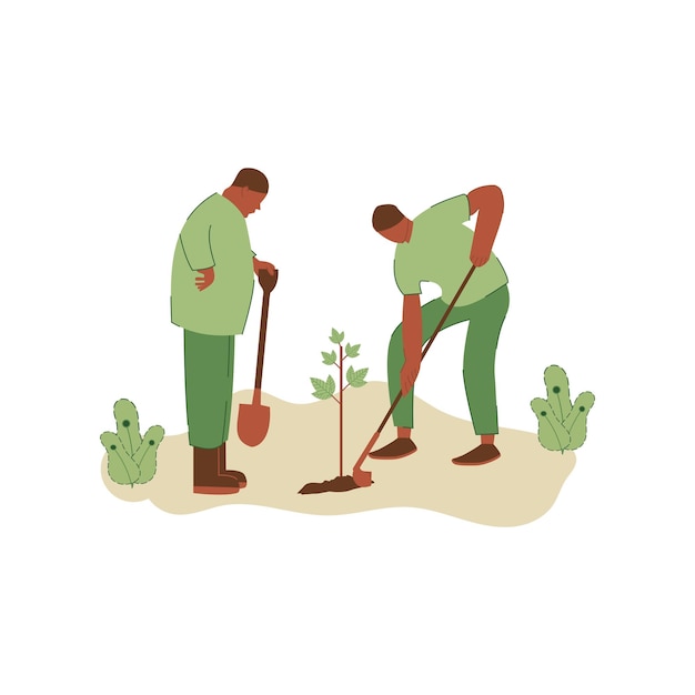 Vektorillustration von Menschen, die Bäume pflanzen. Konzept der Rettung der Erde. Freiwilligenarbeit Ökologie