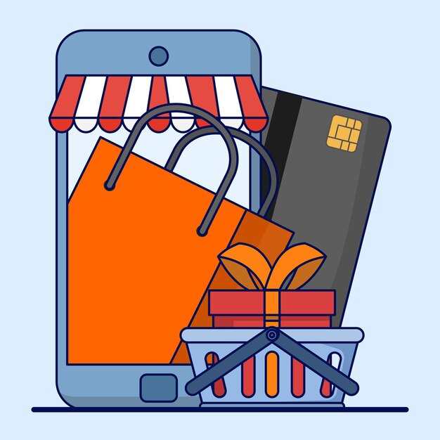 Vektorillustration von Online-Shopping und E-Commerce oder Mobile-App-Shopping