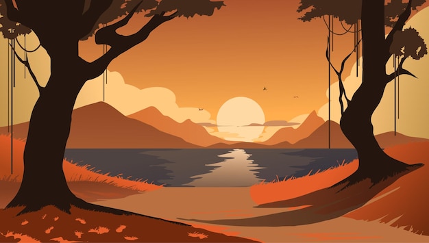 Vektorillustration von Sonnenuntergang und Bergansichten mit Seen und Baumsilhouetten.