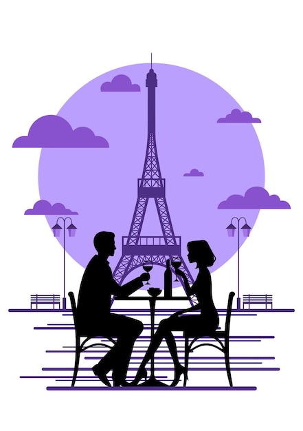 Vektorillustration von Stutten eines Paares, das in Paris in der Nähe des Eiffelturms Wein genießt
