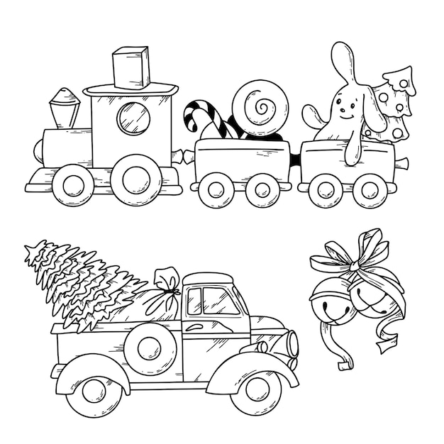 Vektor vektorillustration von zeichentrickfilmen, transport, spielzeug, zug und lastwagen für weihnachten im doodle-stil
