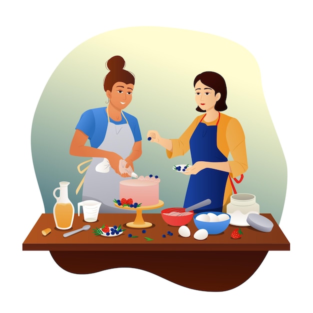 Vektorillustration von zwei Frauen, die einen Kuchen kochen