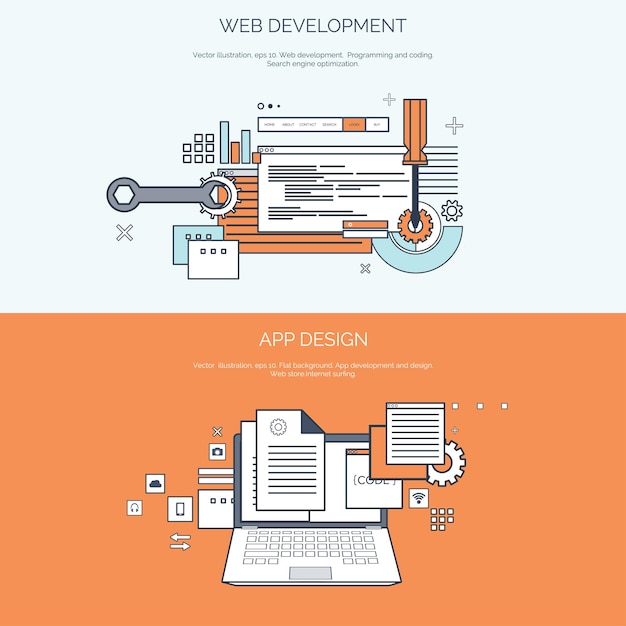 Vektorillustration Websuche Flachrechnung Hintergrundprogrammierung Codierung Entwicklungsuche