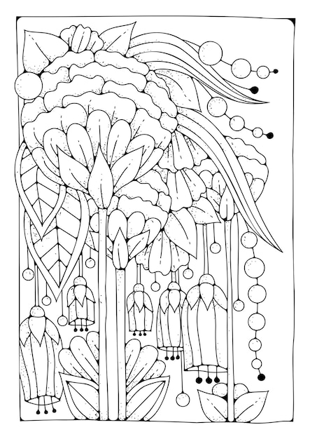 Vektor vektorillustration zum ausmalen. ein zauberhafter blumengarten mit großen runden blüten und knospen. malvorlagen. kunsttherapie.