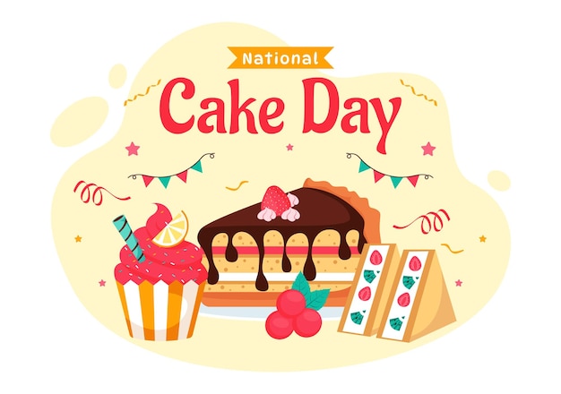 Vektorillustration zum Nationalen Kuchentag zur Feier des Feiertags am 26. November mit einer Vielzahl von köstlichen süßen Broten und Kuchen im Hintergrund