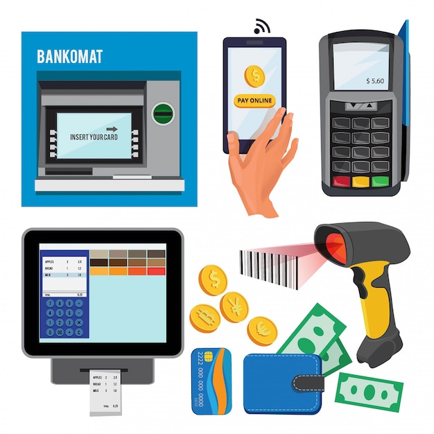 Vektorillustrationen des bankomaten und des terminals für kreditkartenzahlungen