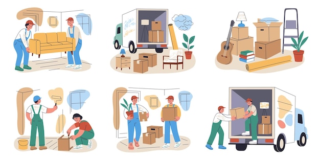 Vektorillustrationen Sammlung von Umzugsdiensten Umzugsvorbereitung neuer Wohnungen Cartoon Umzugsunternehmen in