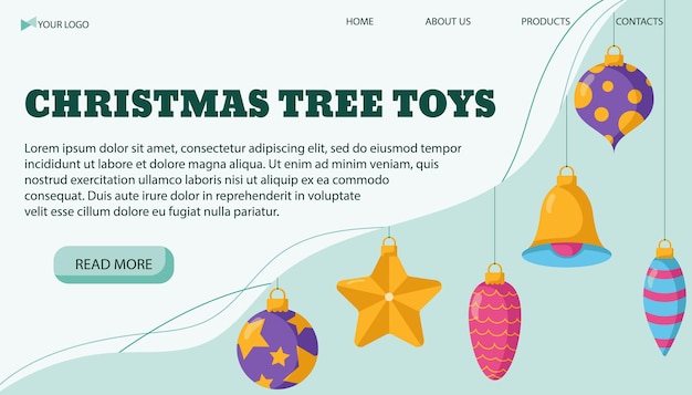 Vektorillustrationsfahnenschablone für geschäft von weihnachtsbaumspielzeug in einem flachen stil