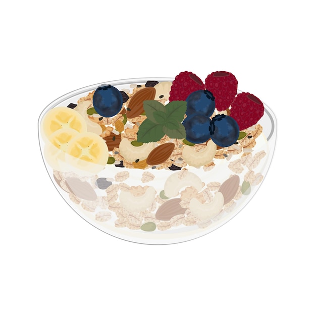 Vektorillustrationslogo Clip art Gesundes Frühstück Granola Muesli mit Joghurt und Früchten