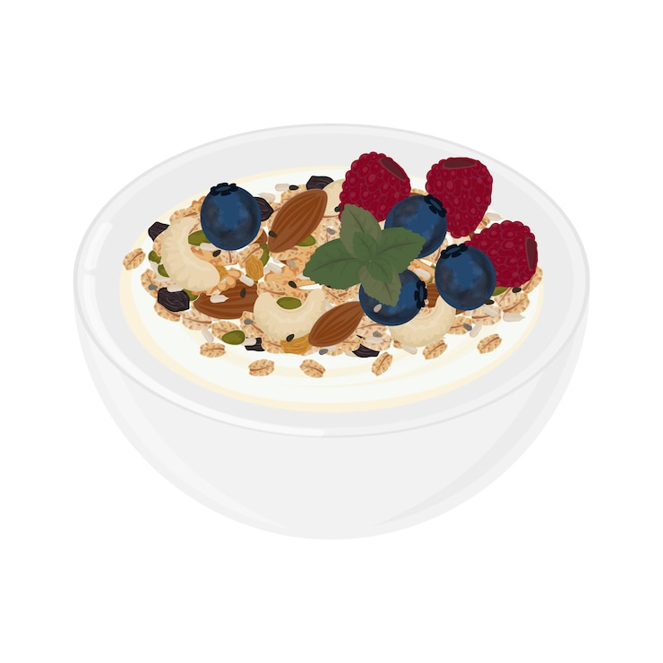 Vektorillustrationslogo Clip-Art Muesli mit Milch und Beeren auf einer weißen Schüssel