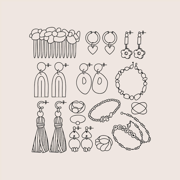 Vektorillustrationssatz Schmucksachen. Moderne Accessoires - Perlenkette, Perlen, Ring, Ohrringe, Armband, Haarkamm.