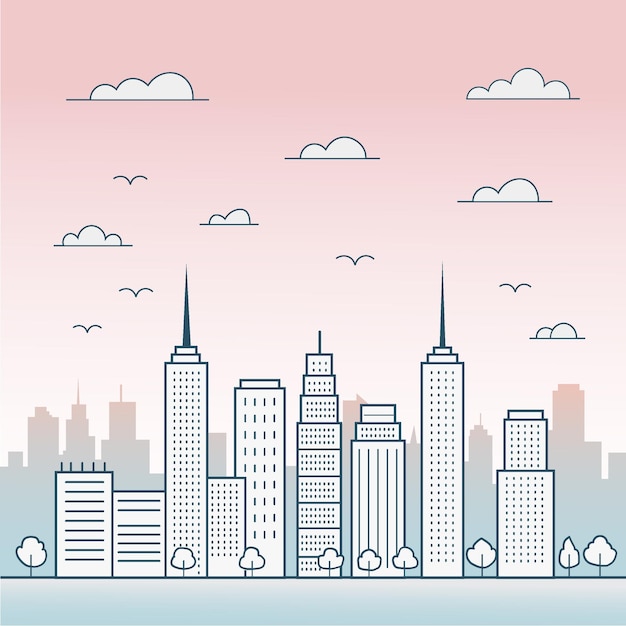 Vektorisierung der Skyline einer Stadt bei Sonnenuntergang