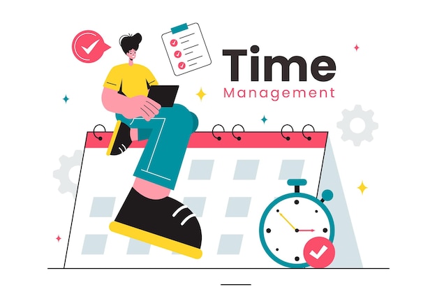 Vektorisierung des Zeitmanagements mit Uhrsteuerung und Aufgabenplanung Trainingsaktivitäten und Zeitplanung in einem flachen Cartoon-Stil Hintergrund