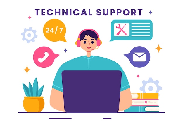 Vektorisierung eines technischen Support-Systems mit Software-Entwicklung, Kundenservice und Technologie-Hilfe in einem flachen Cartoon-Hintergrund