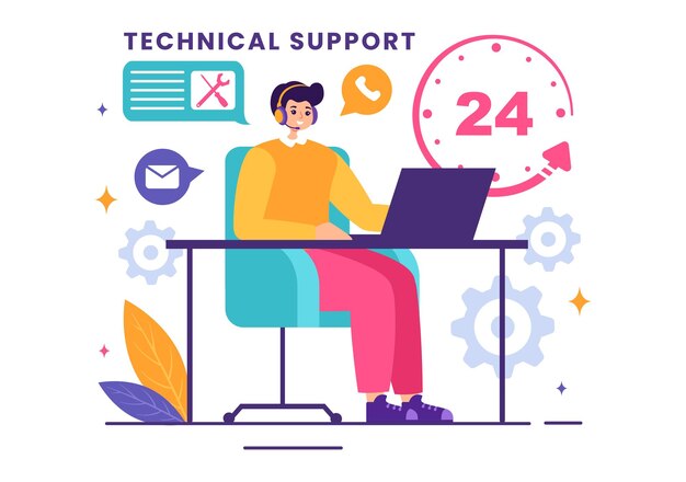 Vektorisierung eines technischen Support-Systems mit Software-Entwicklung, Kundenservice und Technologie-Hilfe in einem flachen Cartoon-Hintergrund