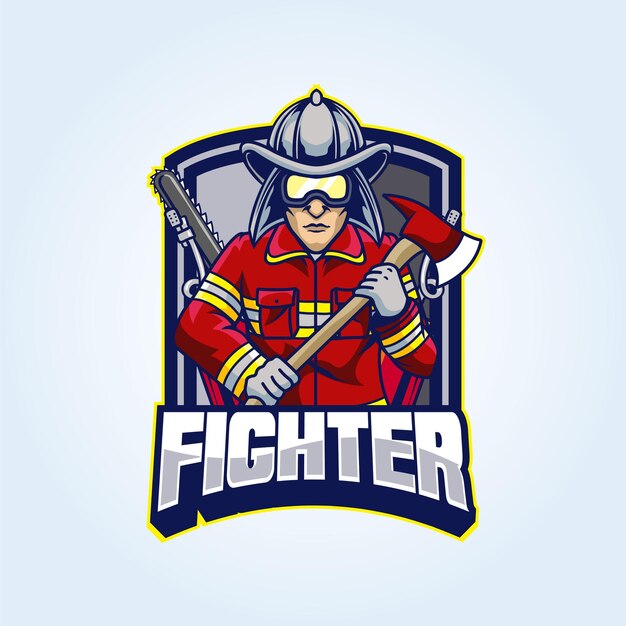 Vektor vektorisierung feuerwehrmann mit brille, axt mit fighter-text, esport-logo