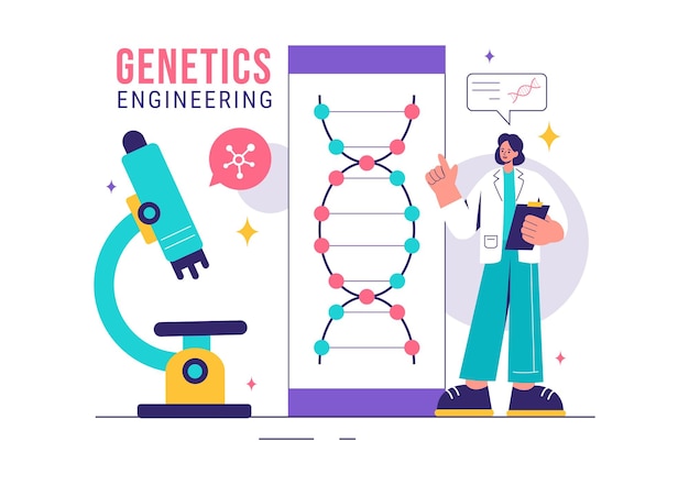 Vektorisierung von Gentechnik und DNA-Modifikationen mit Genetikforschung oder Experimenten von Wissenschaftlern in einem flachen Cartoon-Stil-Hintergrund
