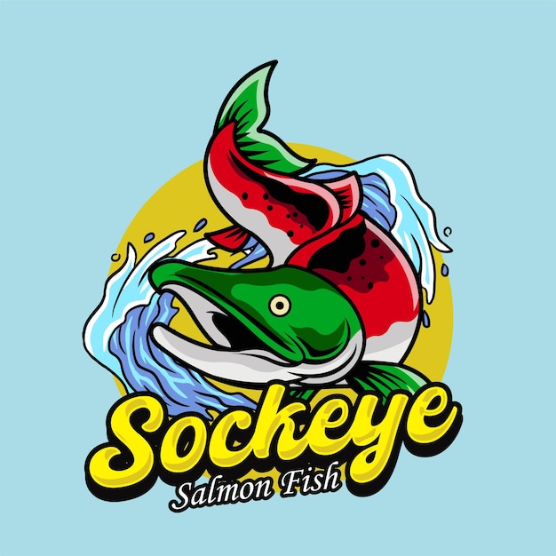 Vektorisierung von Sockeye-Lachs mit Fischer und Wellen mit Vintage-Illustration