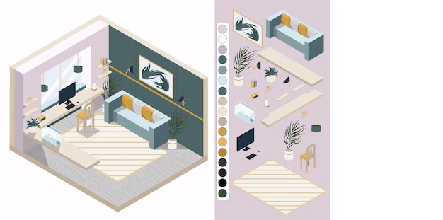 Vektorisometrisches wohnzimmer isolierte 3d-darstellung mit raummöbeln