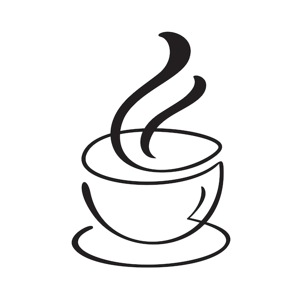Vektorkalligrafie Kaffee- oder Teetasse auf Untertasse Kalligraphische Schwarz-Weiß-Illustration, handgezeichnetes Design für Logo