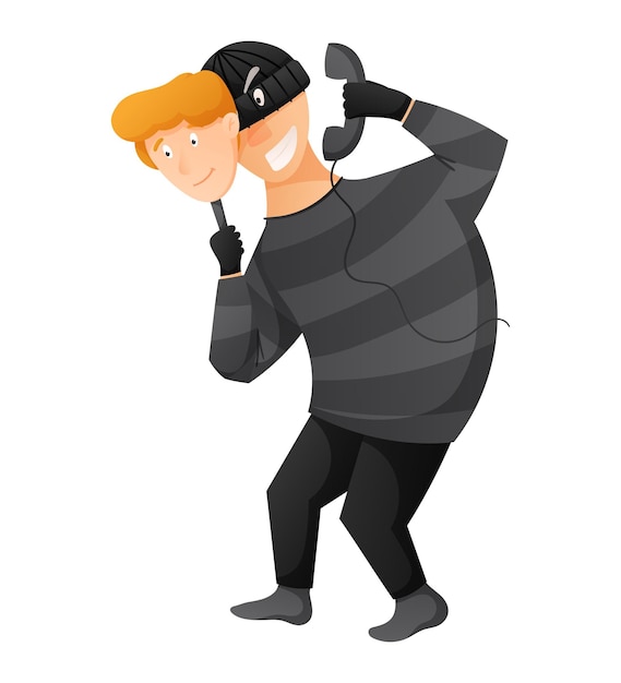 Vektorkarikatur isolierte Illustration des Anrufs eines schlauen männlichen Betrügers mit Sturmhaube Online- oder Telefonbetrugs-Cyberkriminalitätskonzept