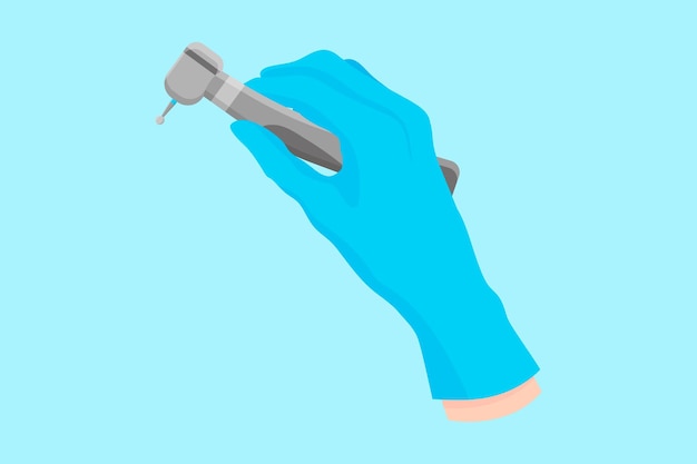 Vektorkarikaturhand eines zahnarztes in einem blauen handschuh, der ein zahnmedizinisches instrument hält: maschine zum bohren mit einem cutter