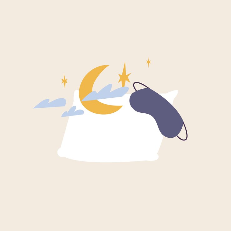Vektorkarikaturillustration mit weißem Kissen, Schlafmaske, Mond und Sternen. Süßes und gesundes Traumkonzept.