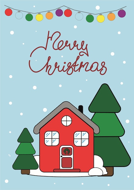Vektorkarte mit rotem Haus und Weihnachtsbäumen mit der Aufschrift Frohe Weihnachten