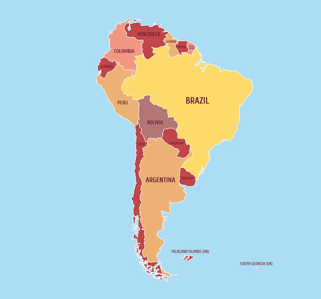 Vektorkarte von Südamerika mit Ländern Karte von Südamerika mit Ländernamen
