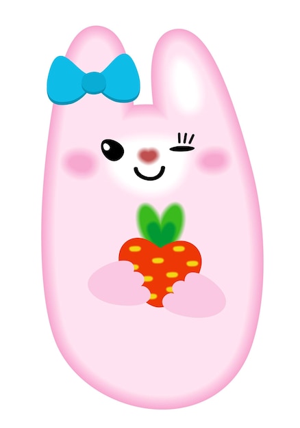 Vektorkawaii-Illustration des rosafarbenen Hasen mit Karotte. Blaues Band am Ohr und hübsches Lächeln.