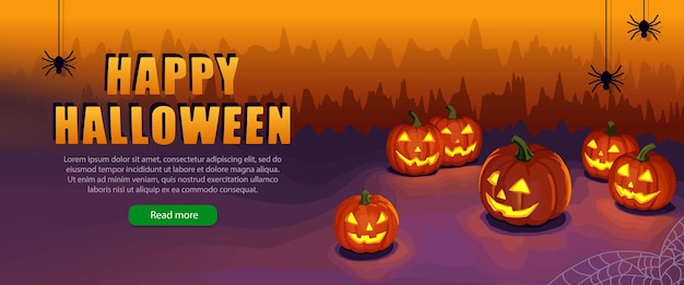 Vektorkopf mit Halloween-Kürbissen, Spinnen und Spinnennetz, Zeichentricktapeten mit Jack-o-Lantern