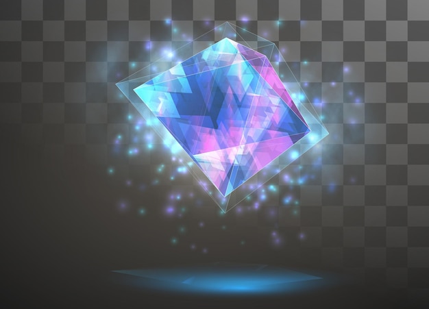 Vektorkristall. kraft und energie der elemente. blau, violett, neonlicht.