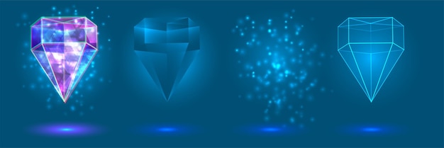 Vektorkristallkraft und -energie der elemente blauviolettes neonglühen