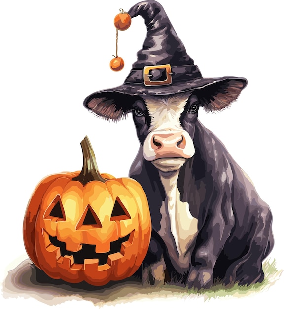 Vektorkuh mit Hut, Halloween-Kürbis und Kuh, orangefarbener Hut mit Kuh und Kürbislaterne, Vektor auf weißem Hintergrund
