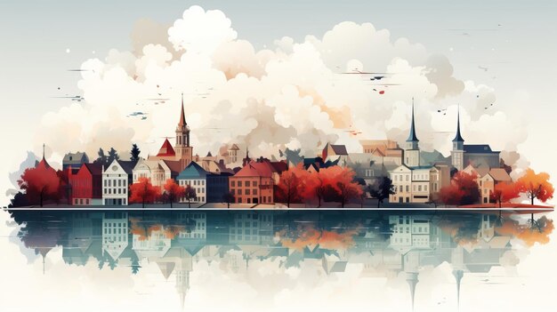 Vektor vektorkunst aquarell cartoon land metropolis meeresbild auf weißem hintergrund eps die alte stadt