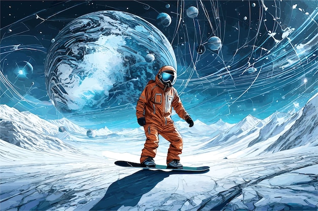 Vektor vektorkunst der astronomie auf einem planeten mit schnee und spielen mit snowboard raum und flugzeuge in